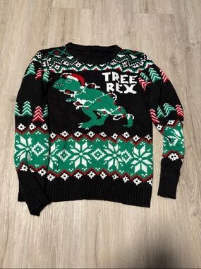 SHEIN Black Green Red 'Tree Rex' Holiday Crewneck Sweater